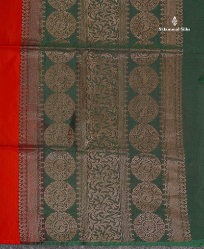 SICO Cotton Saree - Chilly Red Colour Body Zari Butta With Contrast Bottle Green Blouse