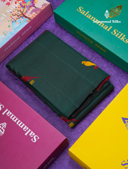 Bottle Green Thread Work Butta Fancy Pure Kanjivaram Silk Saree With Contrast Pink Blouse