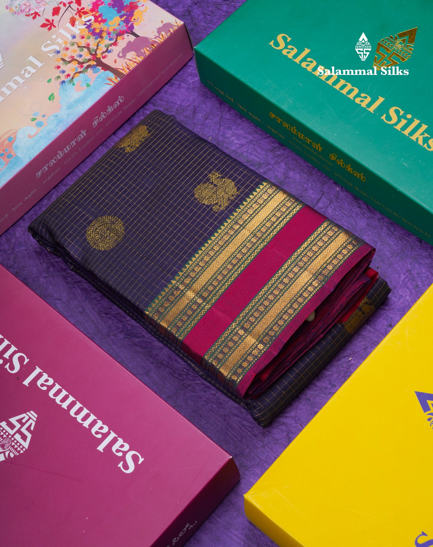 Beautiful Navy Blue Small Checks With Butta Pure Kanjivaram Silk Saree With Traditional Border
