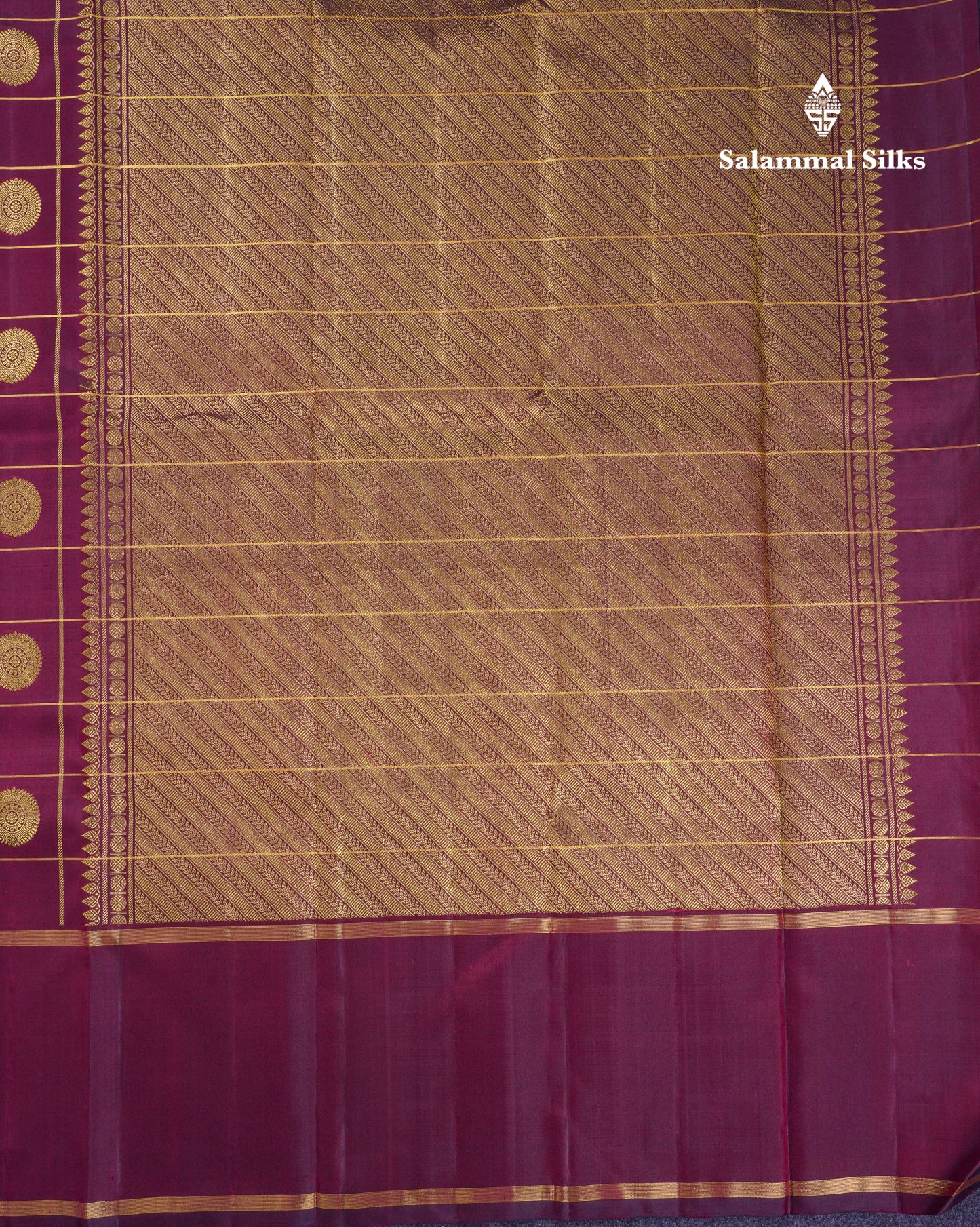 Beautiful Dark Maroon Chakaram & Mayil Butta Checks Pure Kanjivaram Silk Saree With Traditional Gap Border