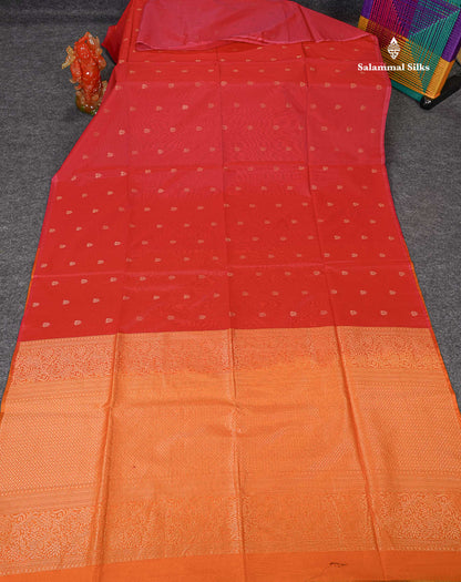 SICO Cotton Saree - Dual Tone Red Colour Body Zari Butta With Contrast Mustard Yellow Blouse