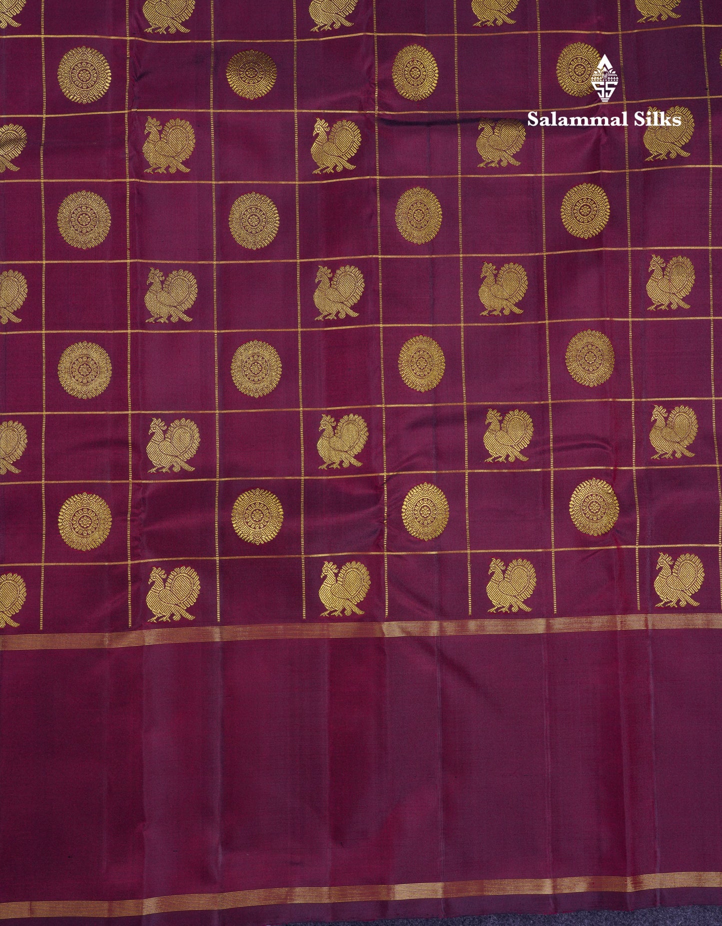 Beautiful Dark Maroon Chakaram & Mayil Butta Checks Pure Kanjivaram Silk Saree With Traditional Gap Border