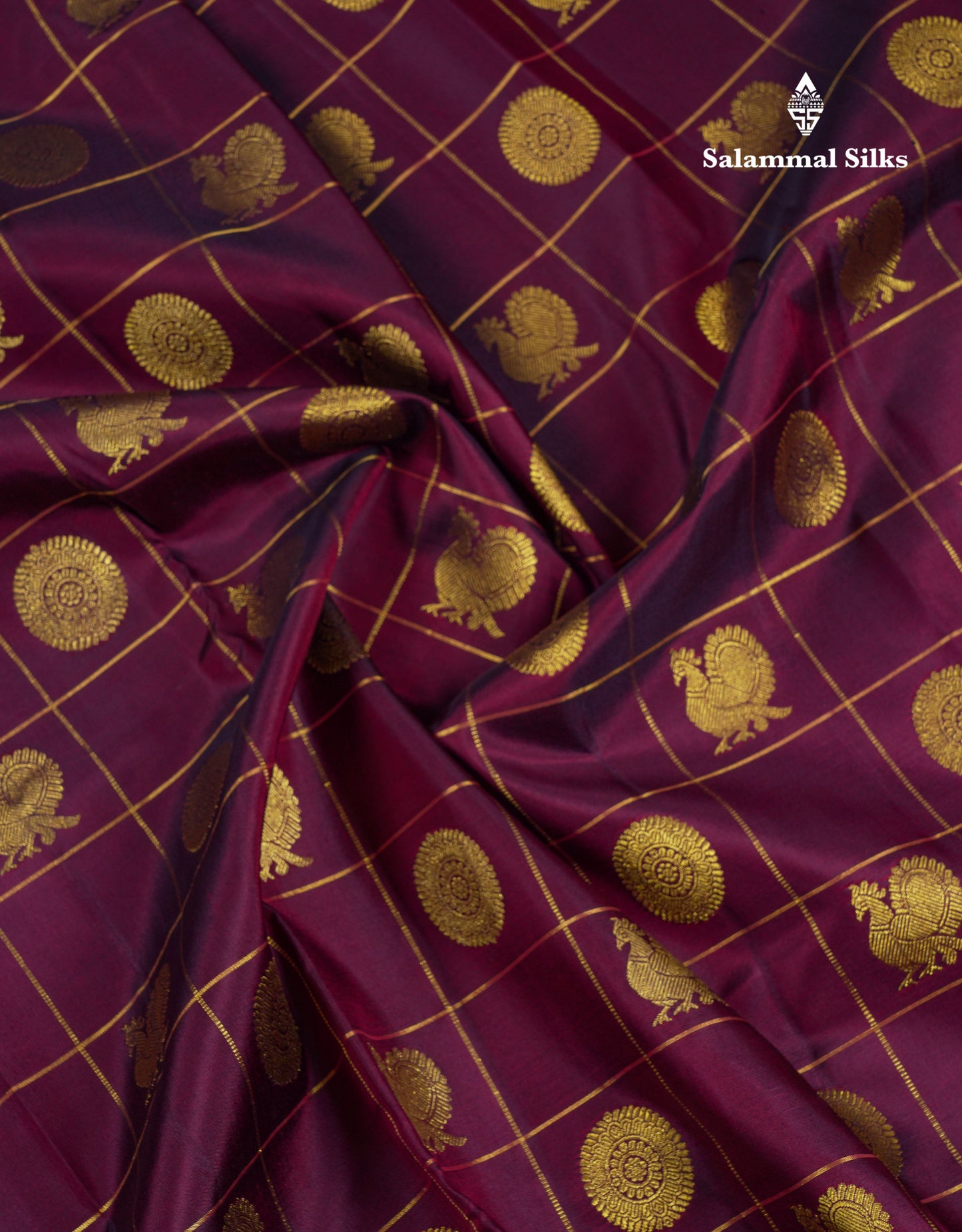 Beautiful Dark Maroon Chakaram & Mayil Butta Checks Pure Kanjivaram Silk Saree With Traditional Gap Border