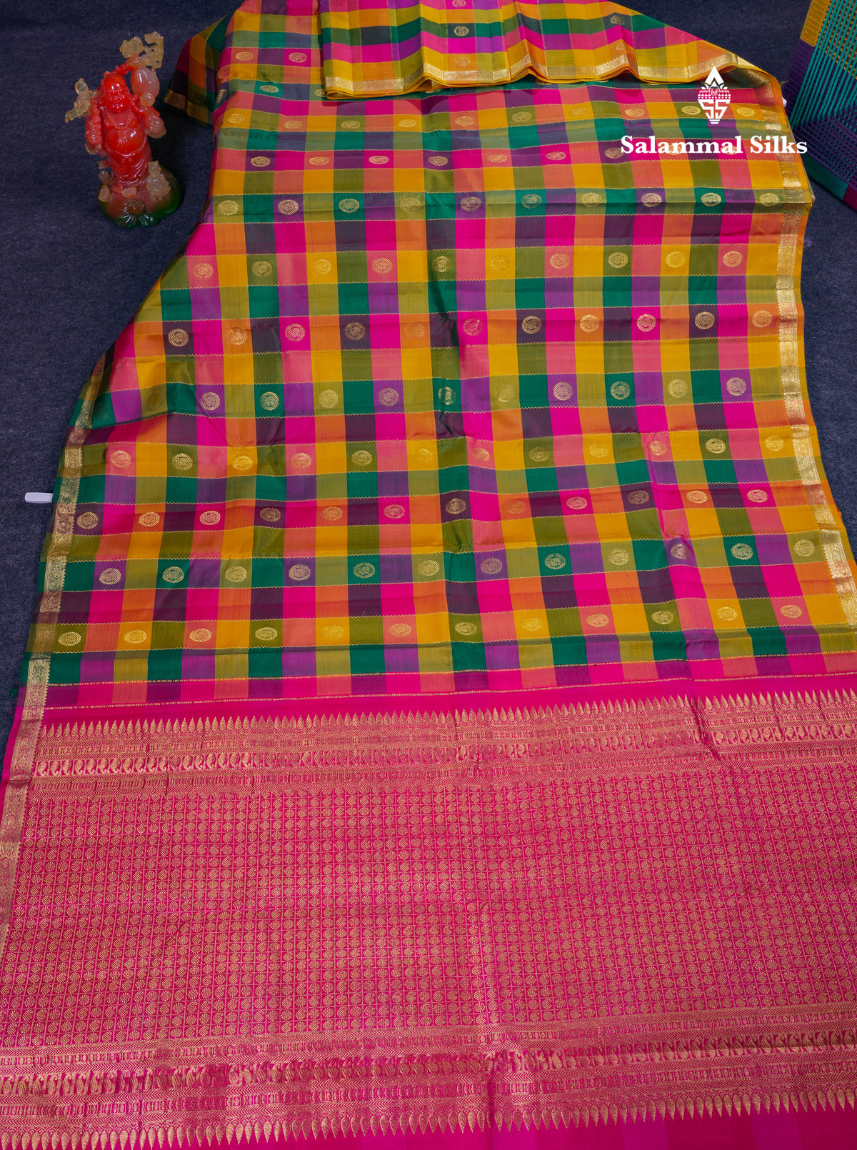 Paalum Pazham Checks With Butta Pure Kanjivaram Silk Saree With Contrast Magenta Pink Blouse