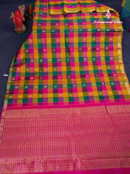 Paalum Pazham Checks With Butta Pure Kanjivaram Silk Saree With Contrast Magenta Pink Blouse