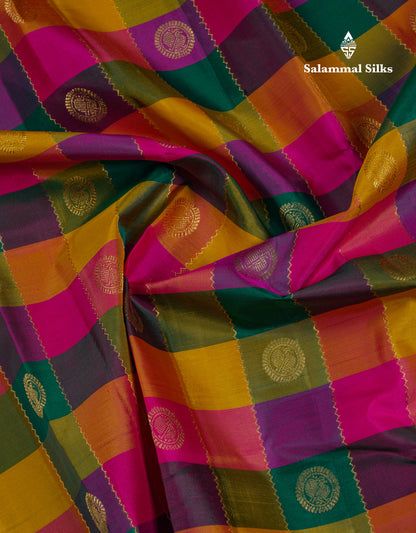 Paalum Pazham Checks With Butta Pure Kanjivaram Silk Saree With Contrast Magenta Pink Blouse