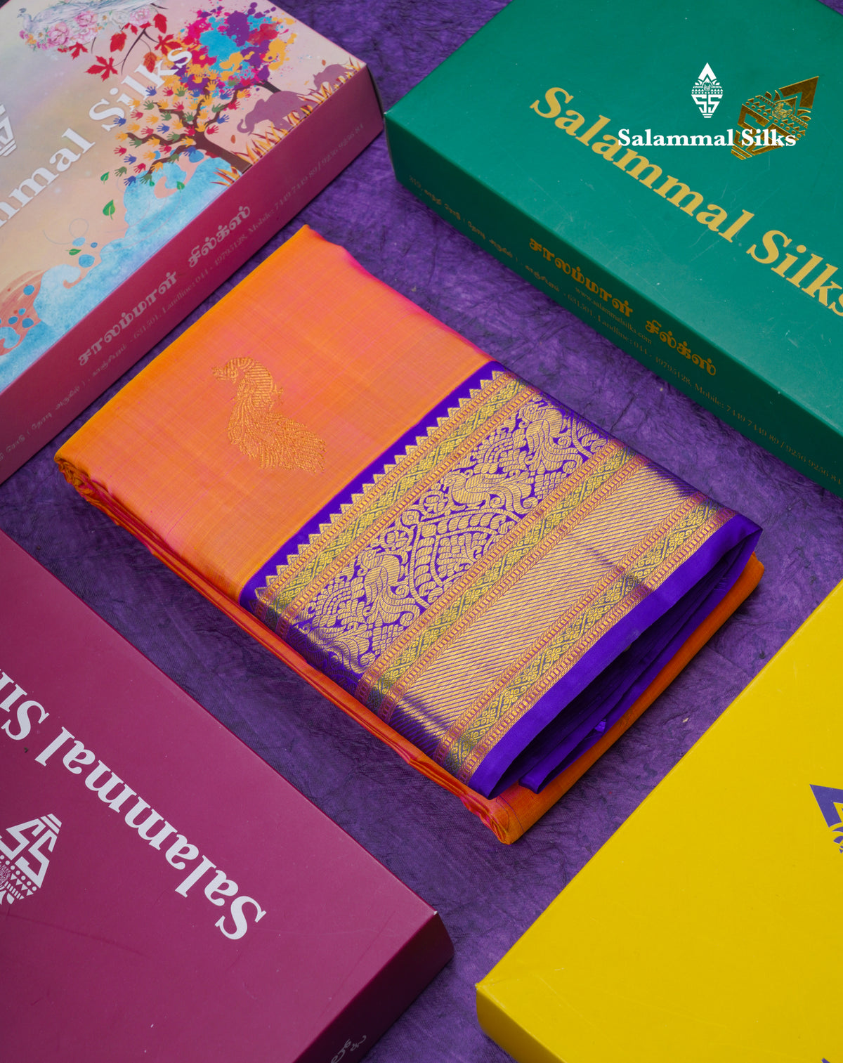 Koravi Dual Tone Peach Orange Pure Kanjivaram Silk Saree With Contrast Navy Blue Traditional Evening Morning Border
