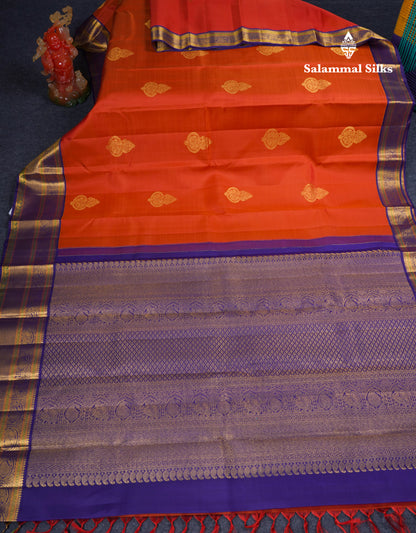 Koravi Rust Orange Pure Kanjivaram Silk Saree With Contrast Navy Blue Traditional Evening Morning Border