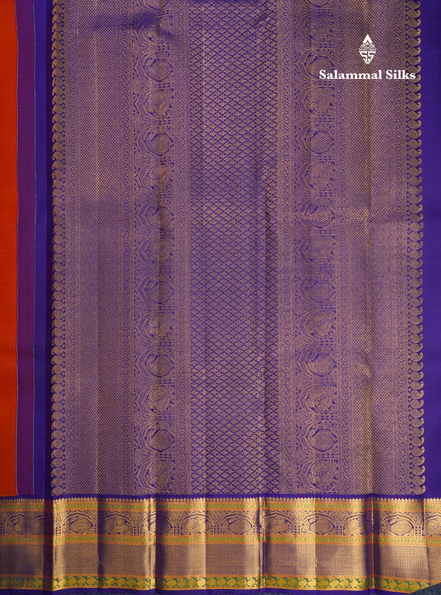Koravi Rust Orange Pure Kanjivaram Silk Saree With Contrast Navy Blue Traditional Evening Morning Border