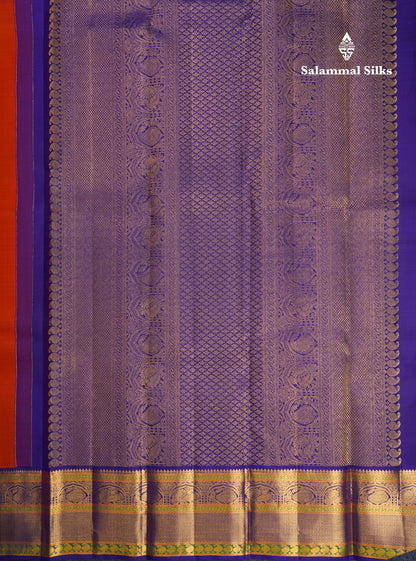 Koravi Rust Orange Pure Kanjivaram Silk Saree With Contrast Navy Blue Traditional Evening Morning Border