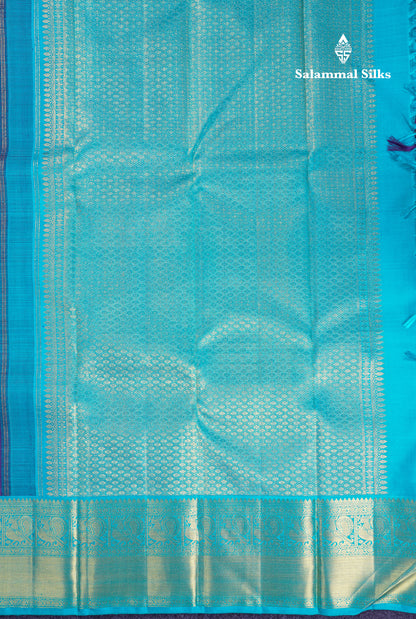 Korvai Beautiful Navy Blue Pure Kanjivaram Silk Saree With Contrast Sapphire Blue Traditional Border