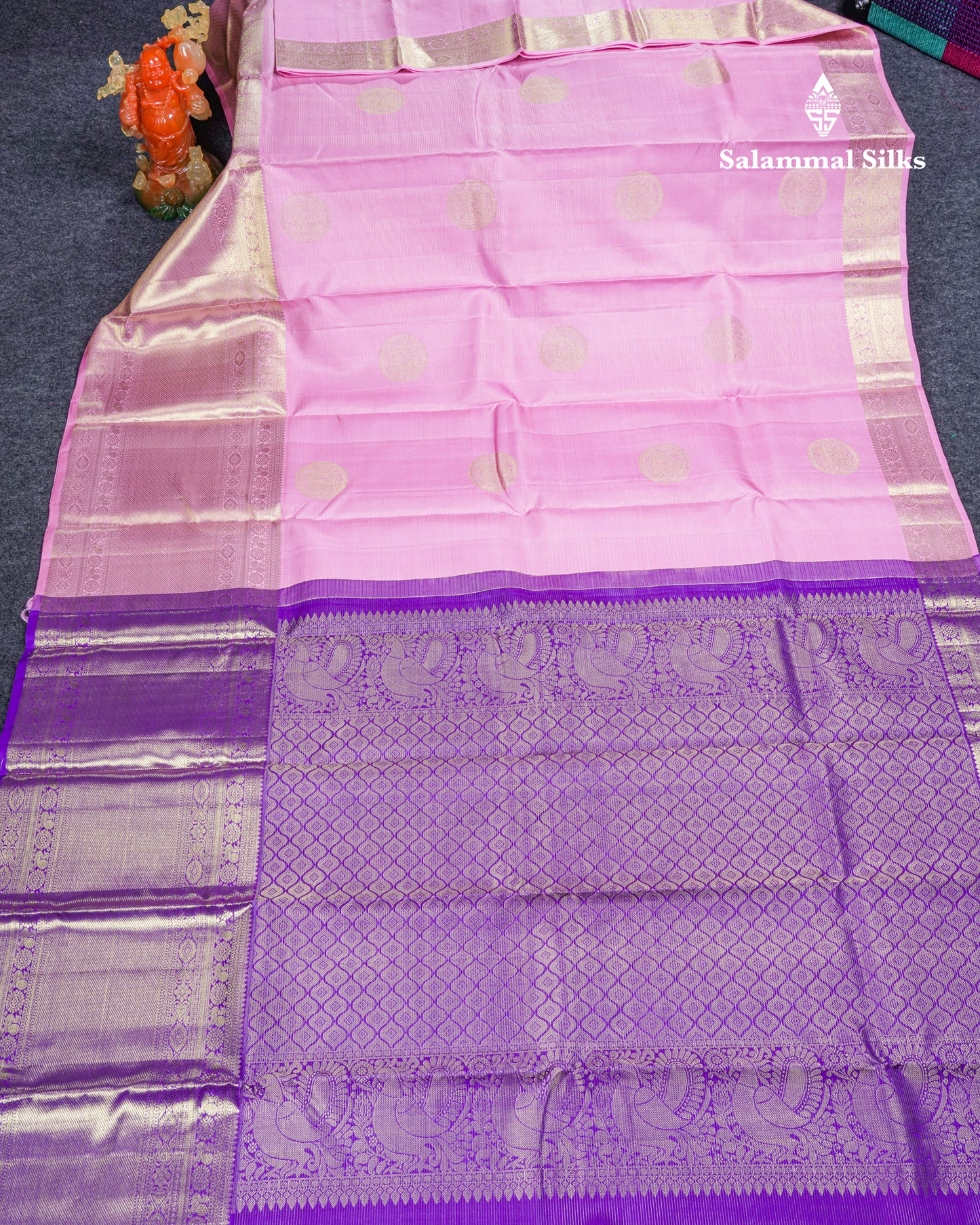 Light Pink Vairaoosi Lines Pure Kanjivaram Silk Saree With Contrast Violet Blouse