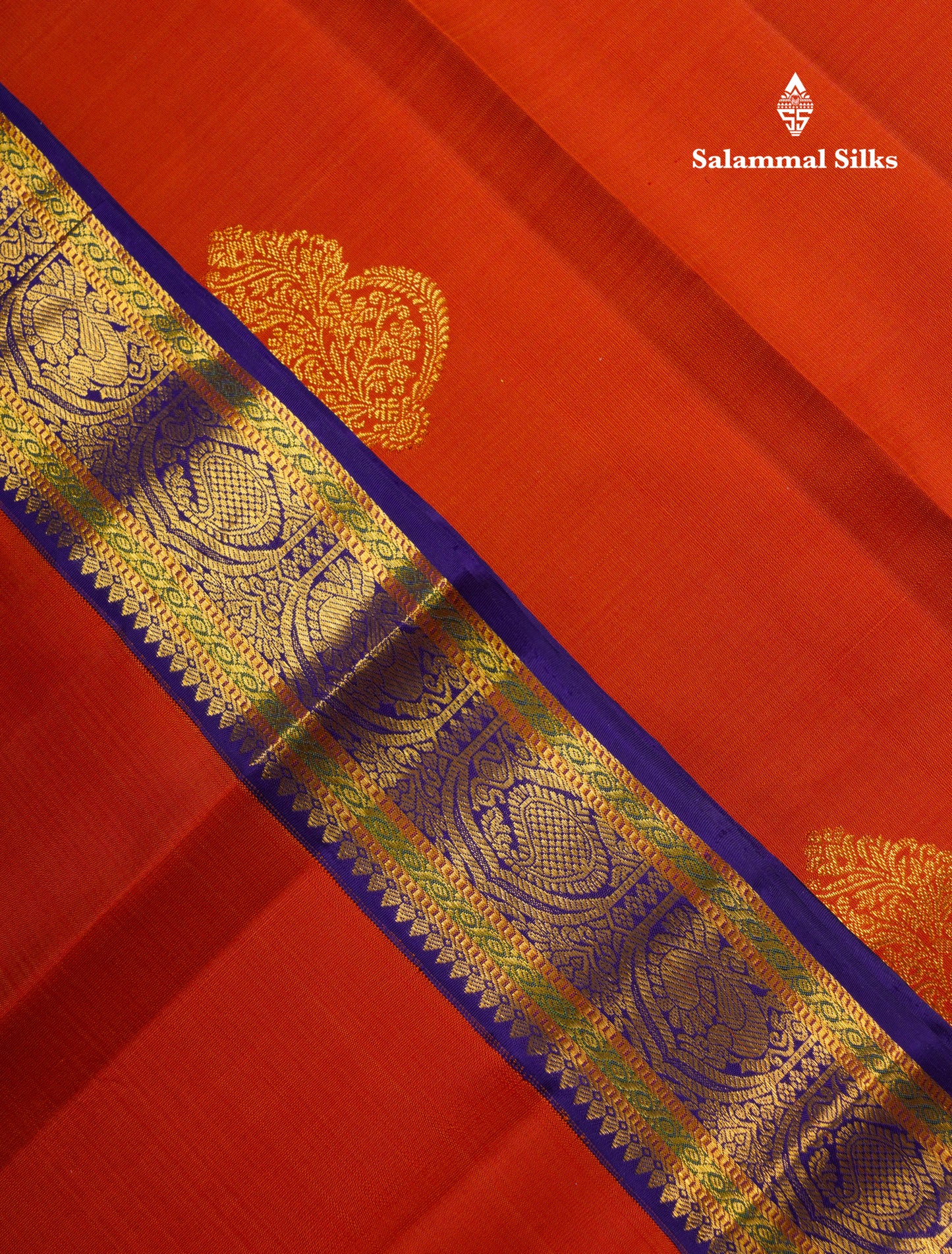 Koravi Rust Orange Pure Kanjivaram Silk Saree With Contrast Navy Blue Traditional Evening Morning Border