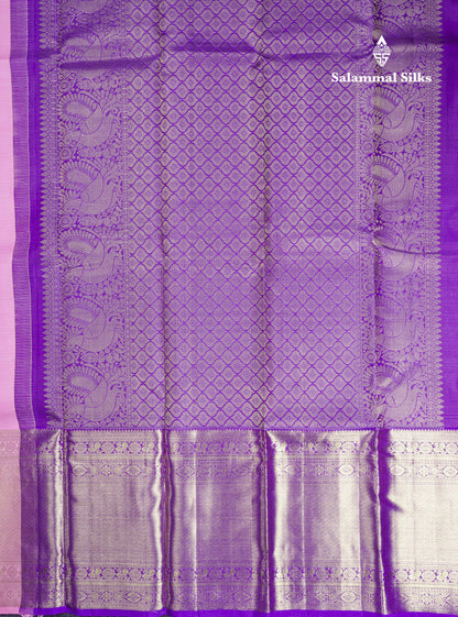 Light Pink Vairaoosi Lines Pure Kanjivaram Silk Saree With Contrast Violet Blouse