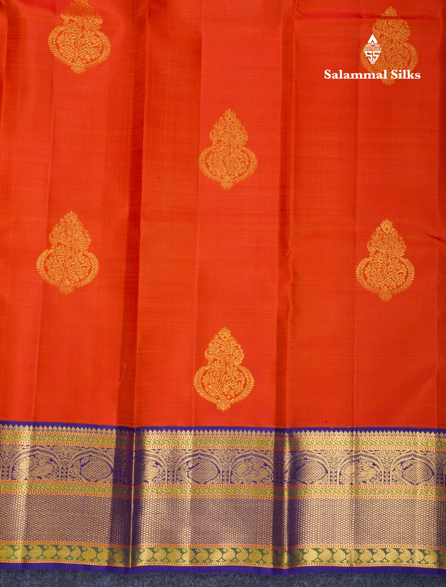 Koravi Rust Orange Pure Kanjivaram Silk Saree With Contrast Navy Blue Traditional Evening Morning Border