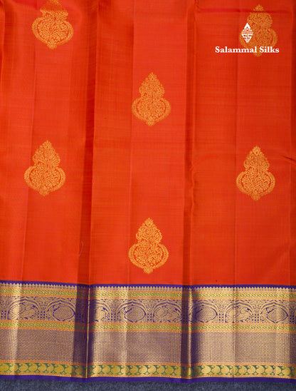 Koravi Rust Orange Pure Kanjivaram Silk Saree With Contrast Navy Blue Traditional Evening Morning Border