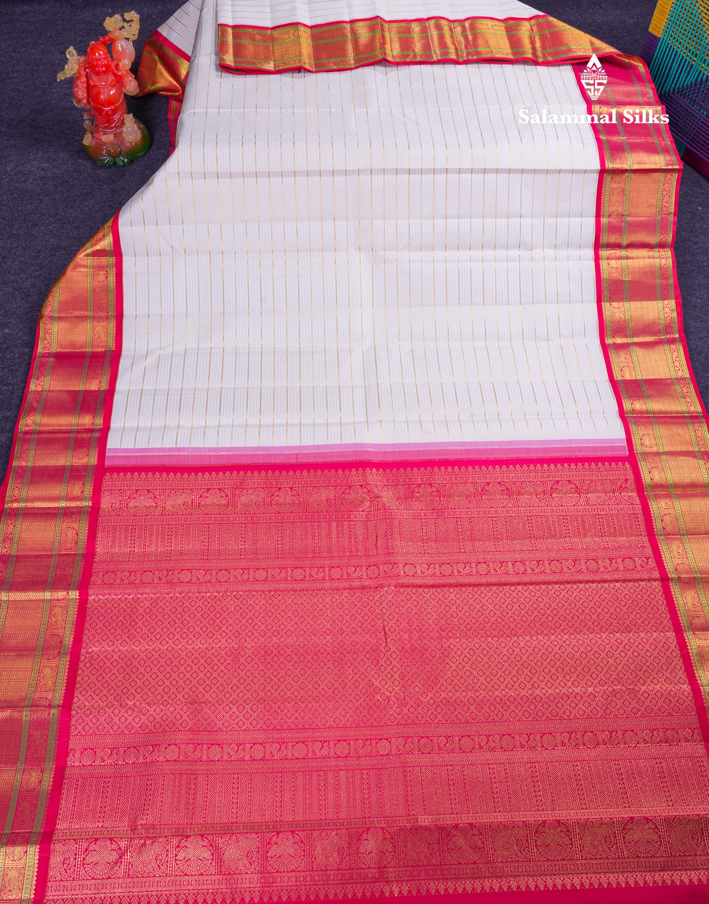 Korvai Beautiful White Pure Kanjivaram Silk Saree With Contrast Redish Pink Traditional Border