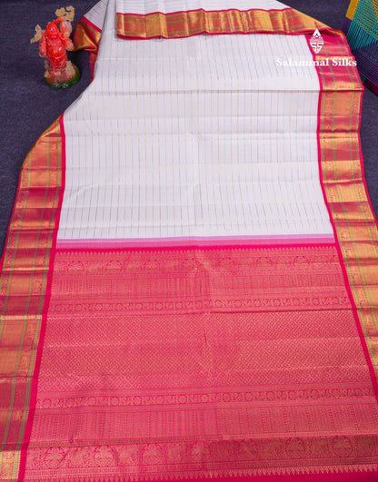 Korvai Beautiful White Pure Kanjivaram Silk Saree With Contrast Redish Pink Traditional Border