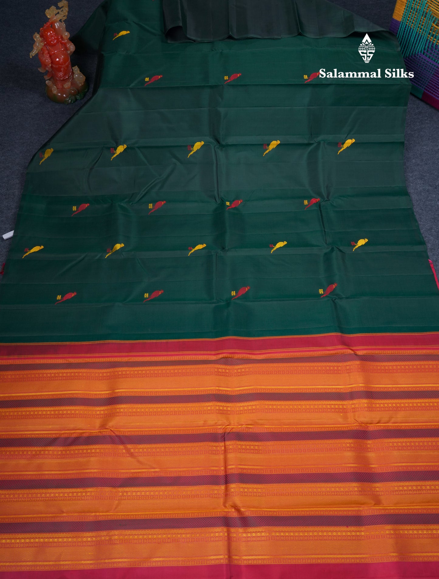 Bottle Green Thread Work Butta Fancy Pure Kanjivaram Silk Saree With Contrast Pink Blouse