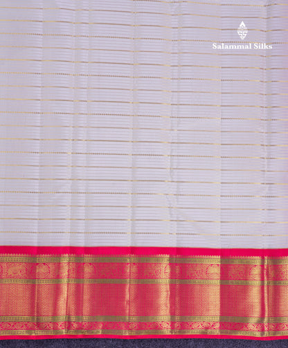 Korvai Beautiful White Pure Kanjivaram Silk Saree With Contrast Redish Pink Traditional Border