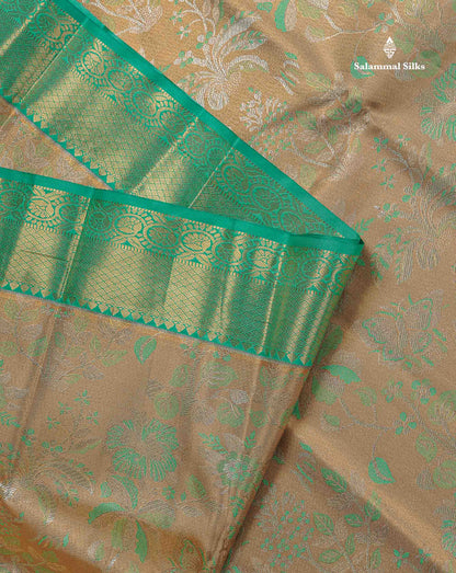 Semi Silk Saree - Beige Colour Body With Contrast Sapphire Green Evening Morning Border