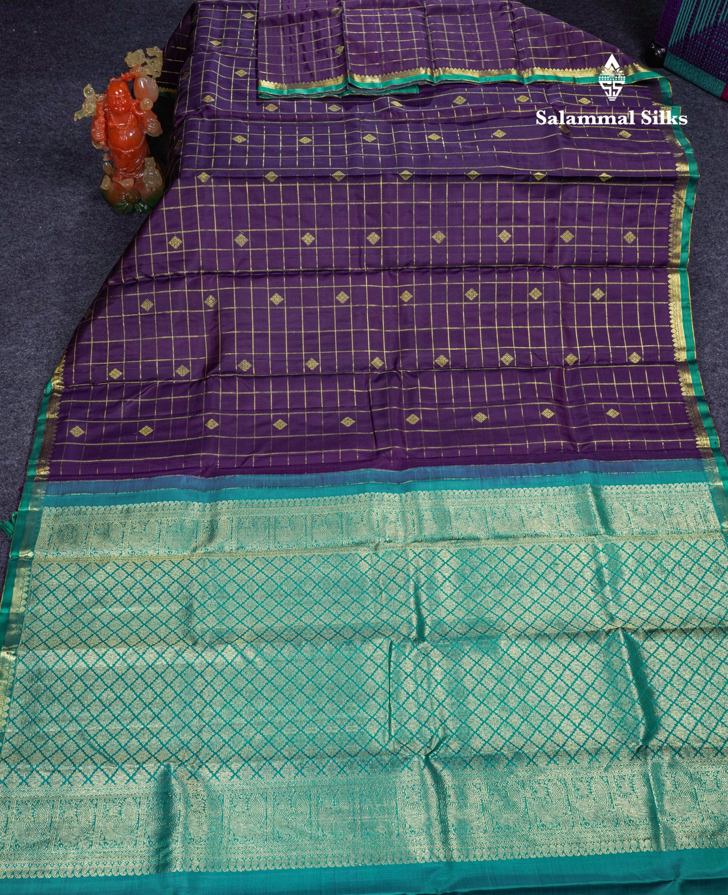 Dark Purple Zari Checks Pure Kanjivaram Silk Saree With Traditional Small Border