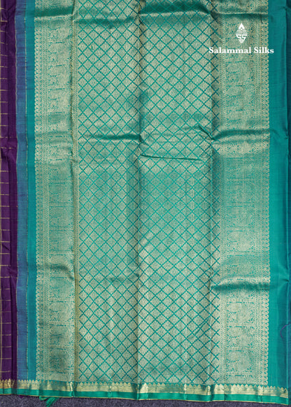 Dark Purple Zari Checks Pure Kanjivaram Silk Saree With Traditional Small Border