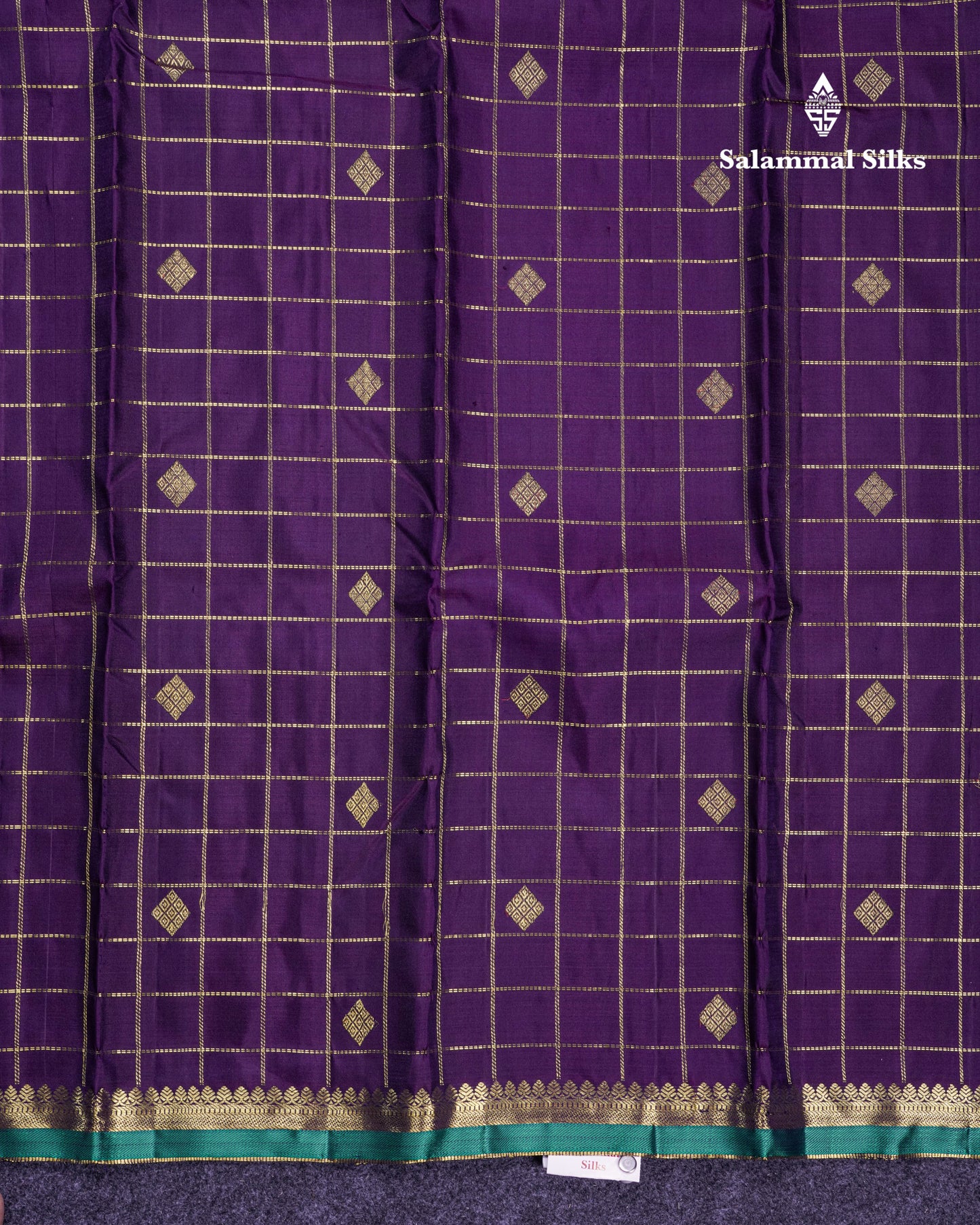 Dark Purple Zari Checks Pure Kanjivaram Silk Saree With Traditional Small Border