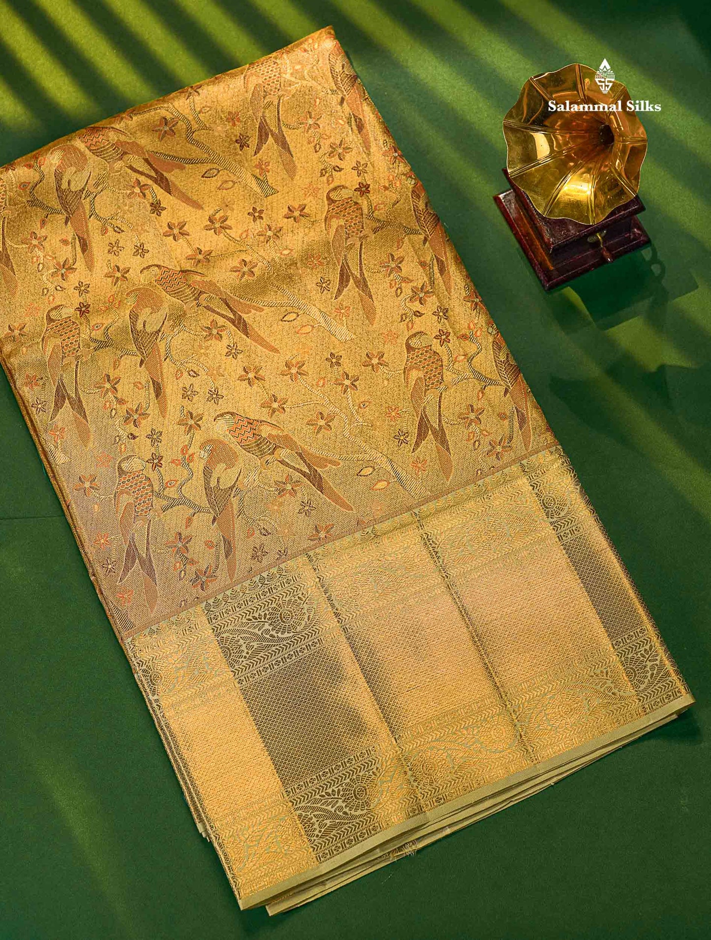 Gold Tissue Menakari Work Bridal Pure Kanjivaram Silk Saree With Contrast Cream Green Traditional Evening Morning Border