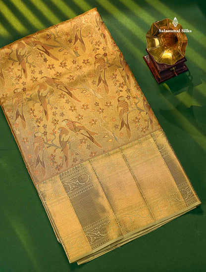Gold Tissue Menakari Work Bridal Pure Kanjivaram Silk Saree With Contrast Cream Green Traditional Evening Morning Border