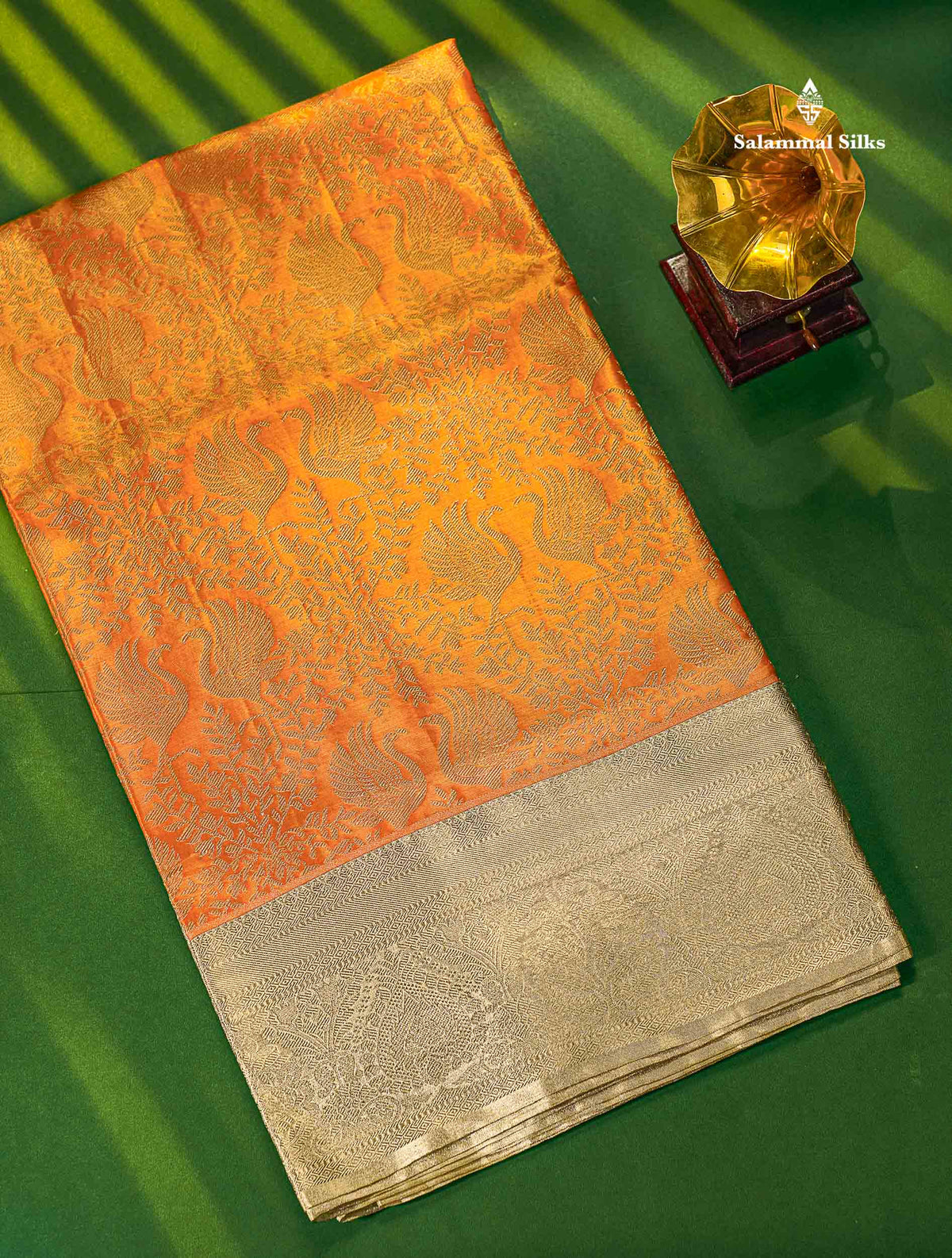 Orange Tissue Bridal Pure Kanjivaram Silk Saree With Contrast Silver Border