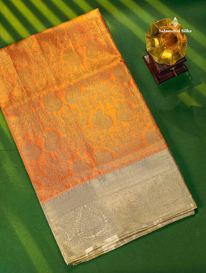 Orange Tissue Bridal Pure Kanjivaram Silk Saree With Contrast Silver Border