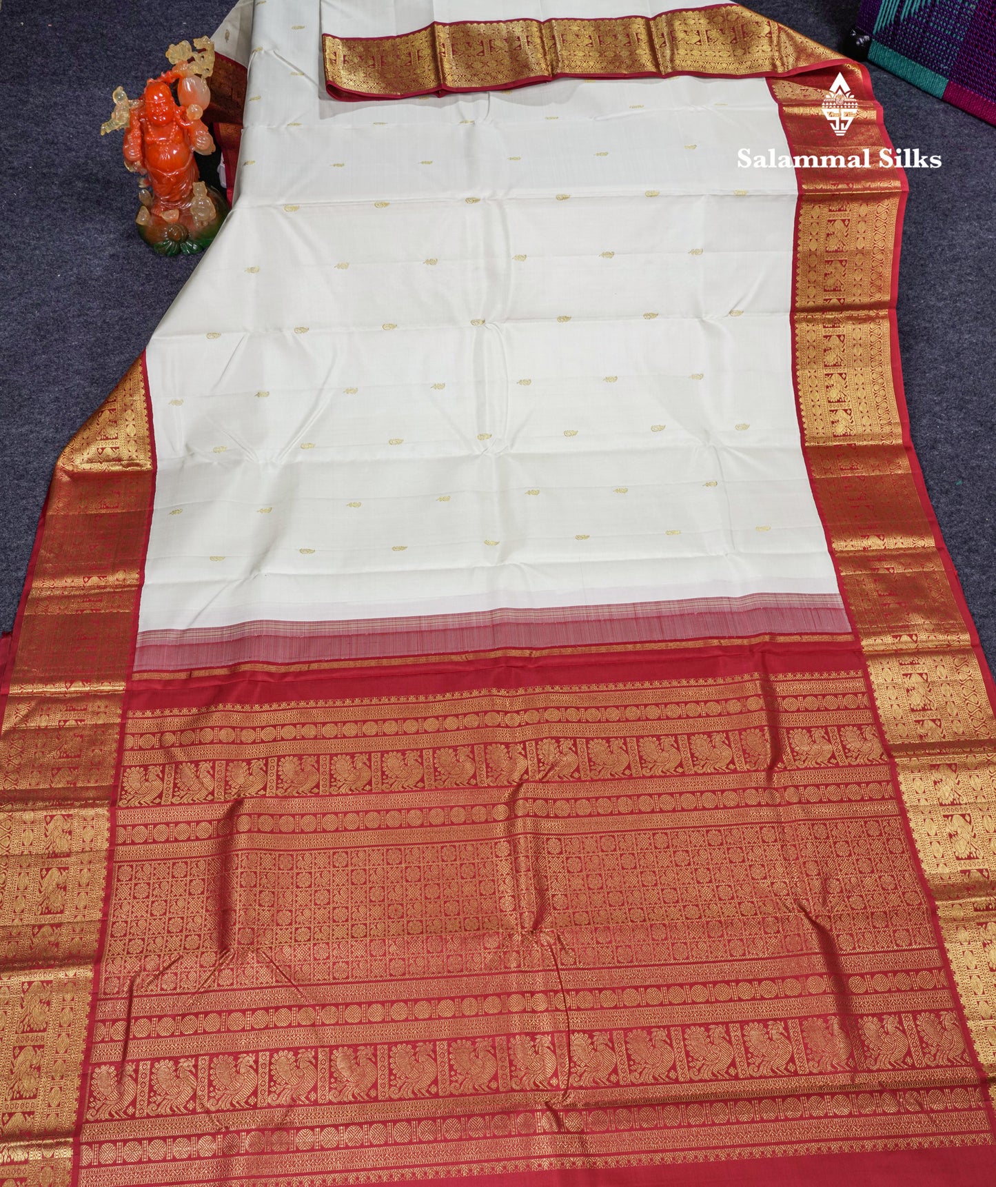 Half White Pure Kanjivaram Silk Saree With Contrast Maroon Traditional Border