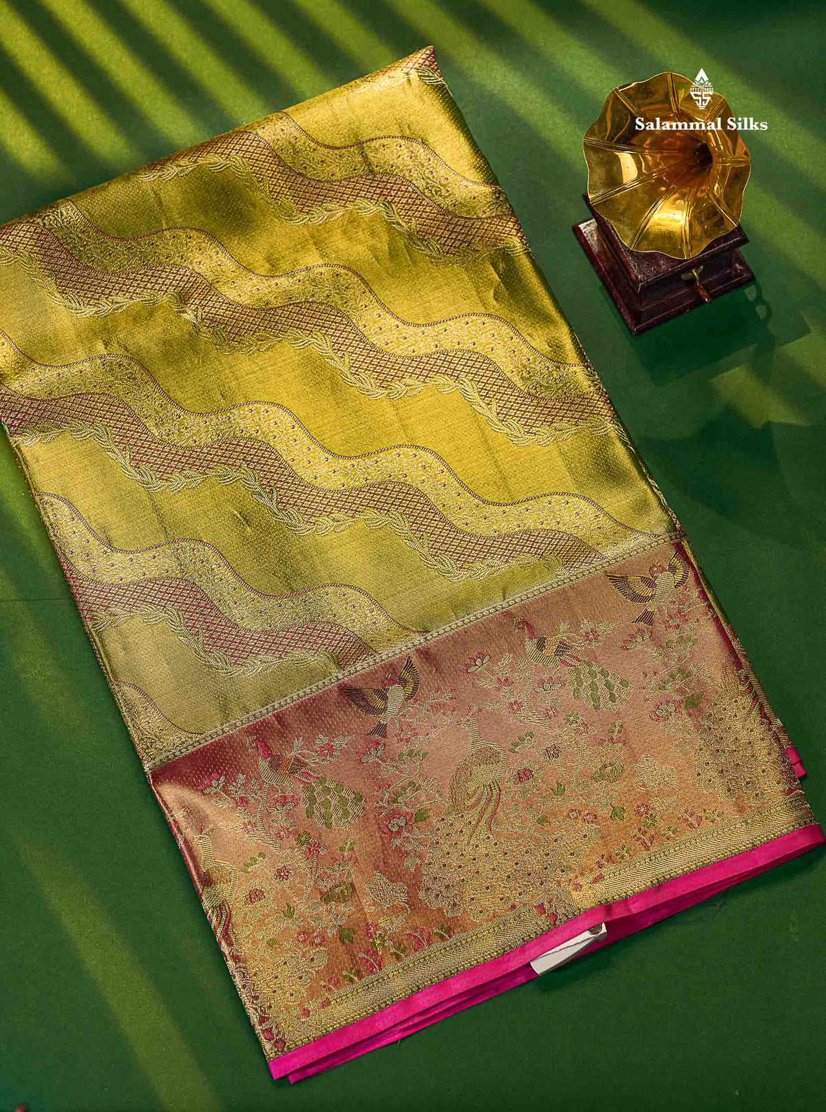 Light Green Tissue Bridal Pure Kanjivaram Silk Saree With Contrst Light Pink Animal Theme Based Border