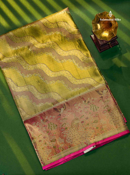Light Green Tissue Bridal Pure Kanjivaram Silk Saree With Contrst Light Pink Animal Theme Based Border