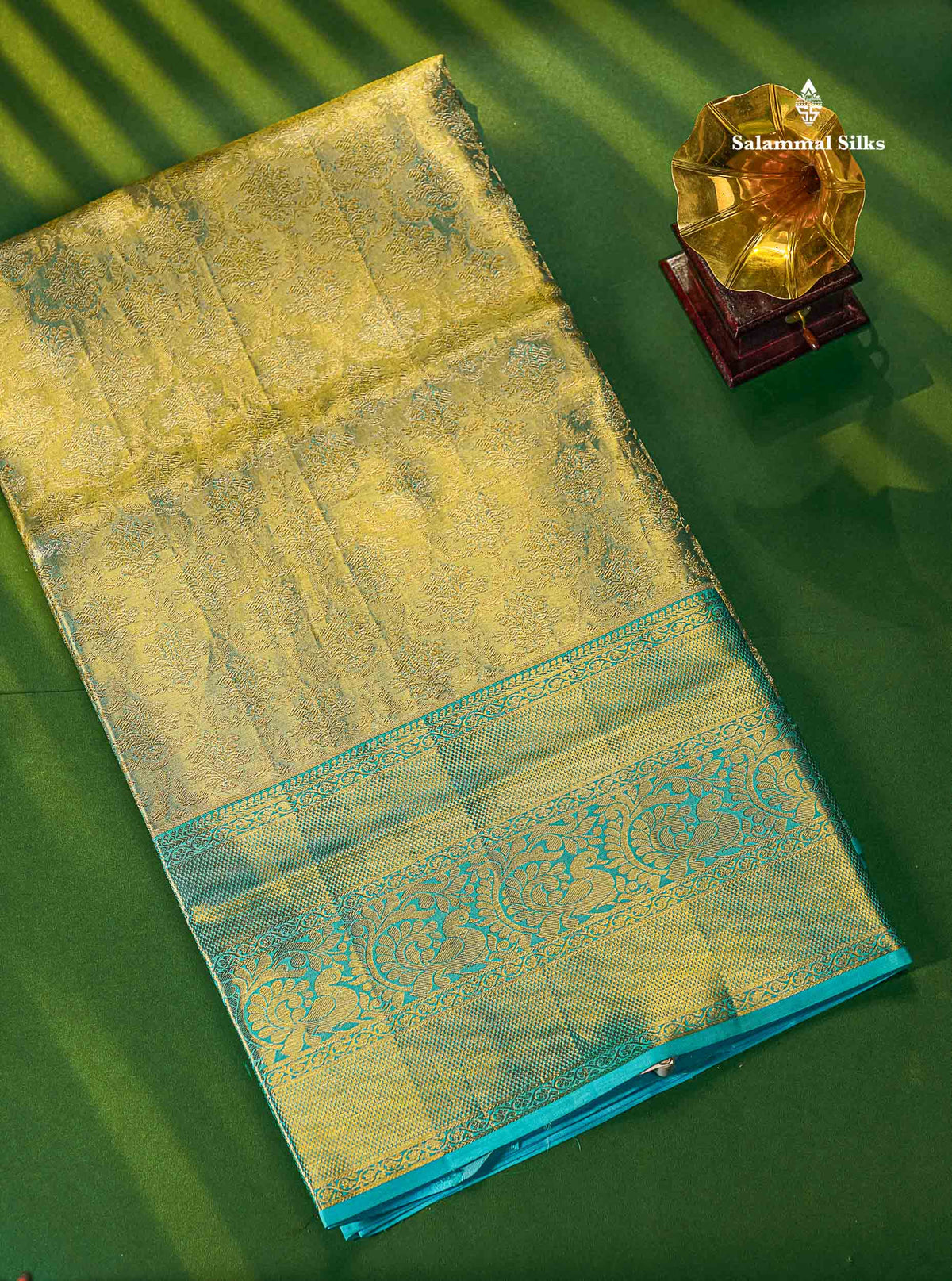 Rexona Green Tissue Bridal Pure Kanjivaram Silk Saree With Contrast Sky Blue Border