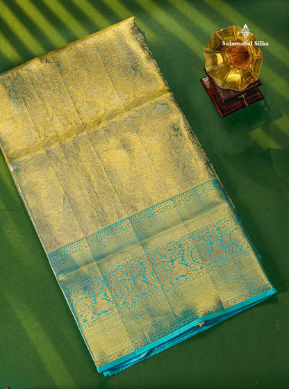 Rexona Green Tissue Bridal Pure Kanjivaram Silk Saree With Contrast Sky Blue Border