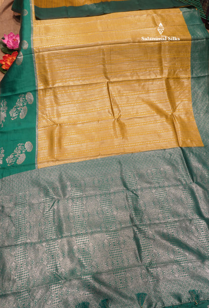 Mustard Yellow Colour Semi Silk Tissue Saree With Contrast Sapphire Green Border