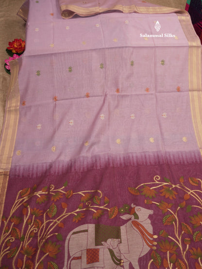 Lavender Colour Meenakari Work Muga Cotton Saree With Contrast Purple Blouse
