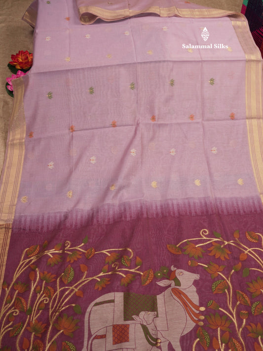 Lavender Colour Meenakari Work Muga Cotton Saree With Contrast Purple Blouse
