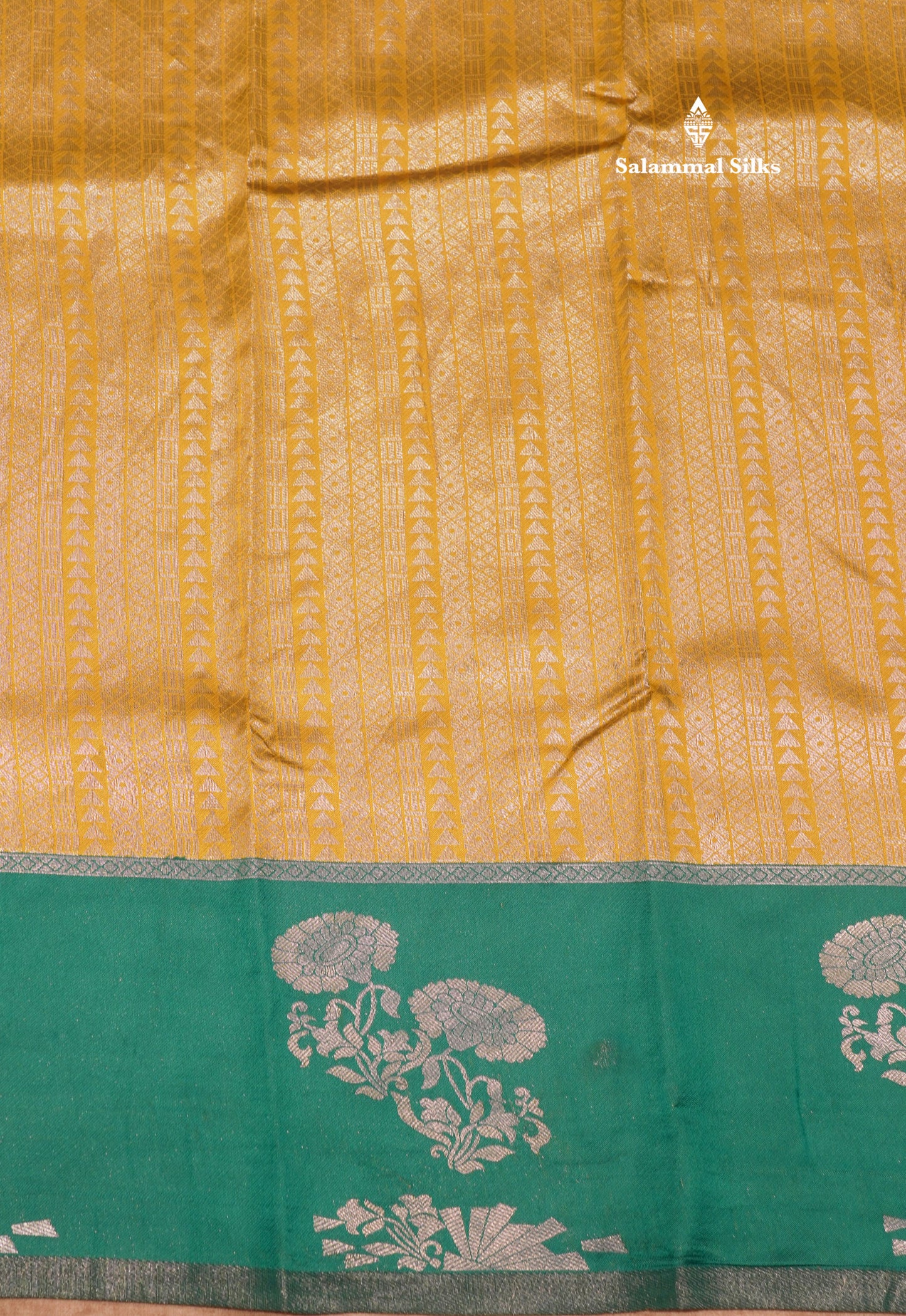Mustard Yellow Colour Semi Silk Tissue Saree With Contrast Sapphire Green Border
