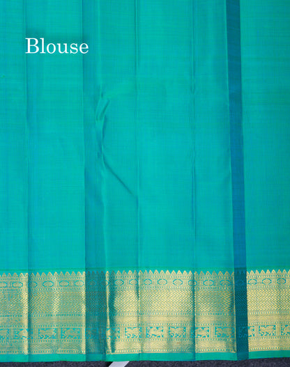 Korvai Yelllow Pure Kanjivaram Silk Saree With Contrast Dual Tone Sapphire Green Traditional Border