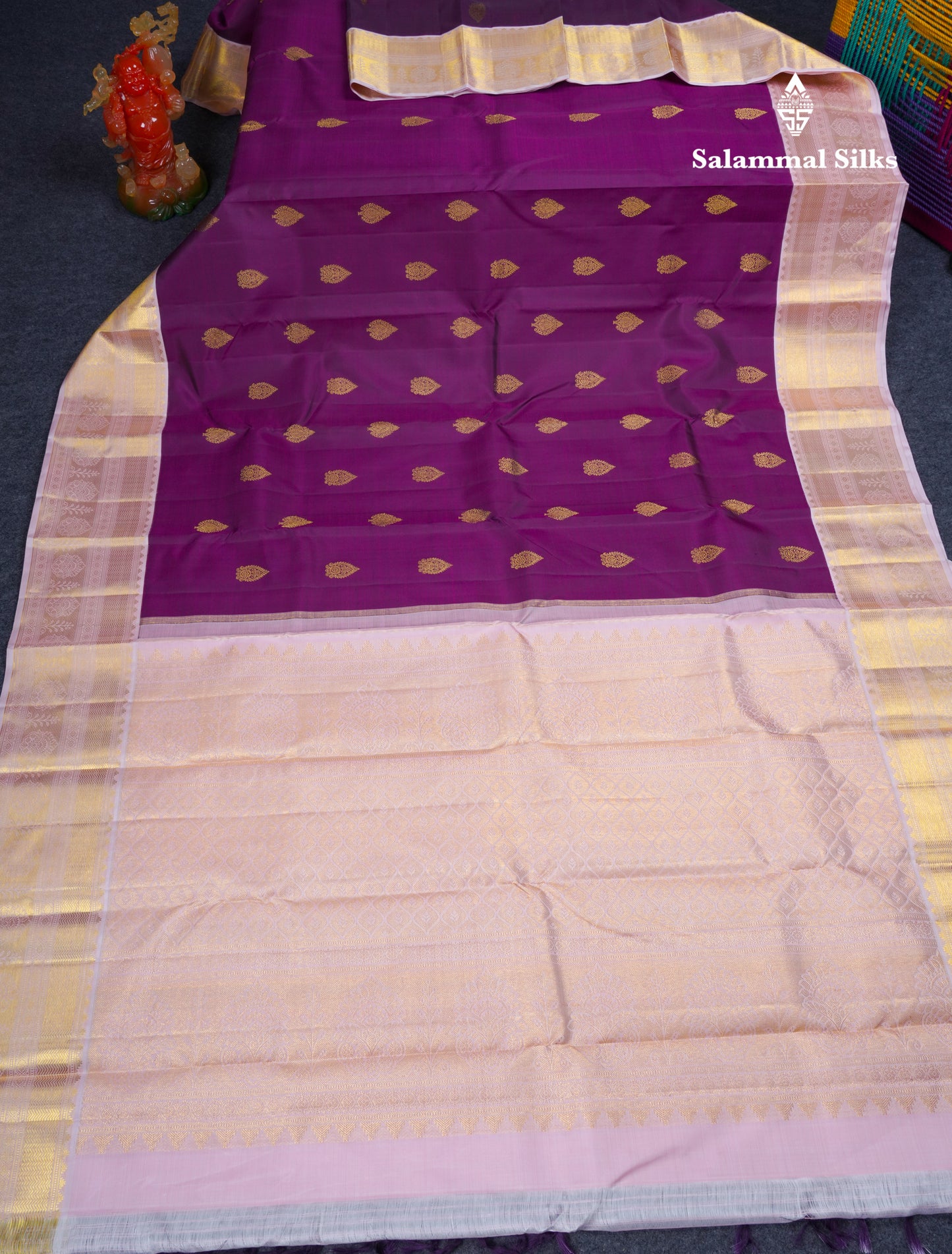 Korvai Dark Purple Pure Kanjivaram Silk Saree With Contrast Baby Pink Traditional Border