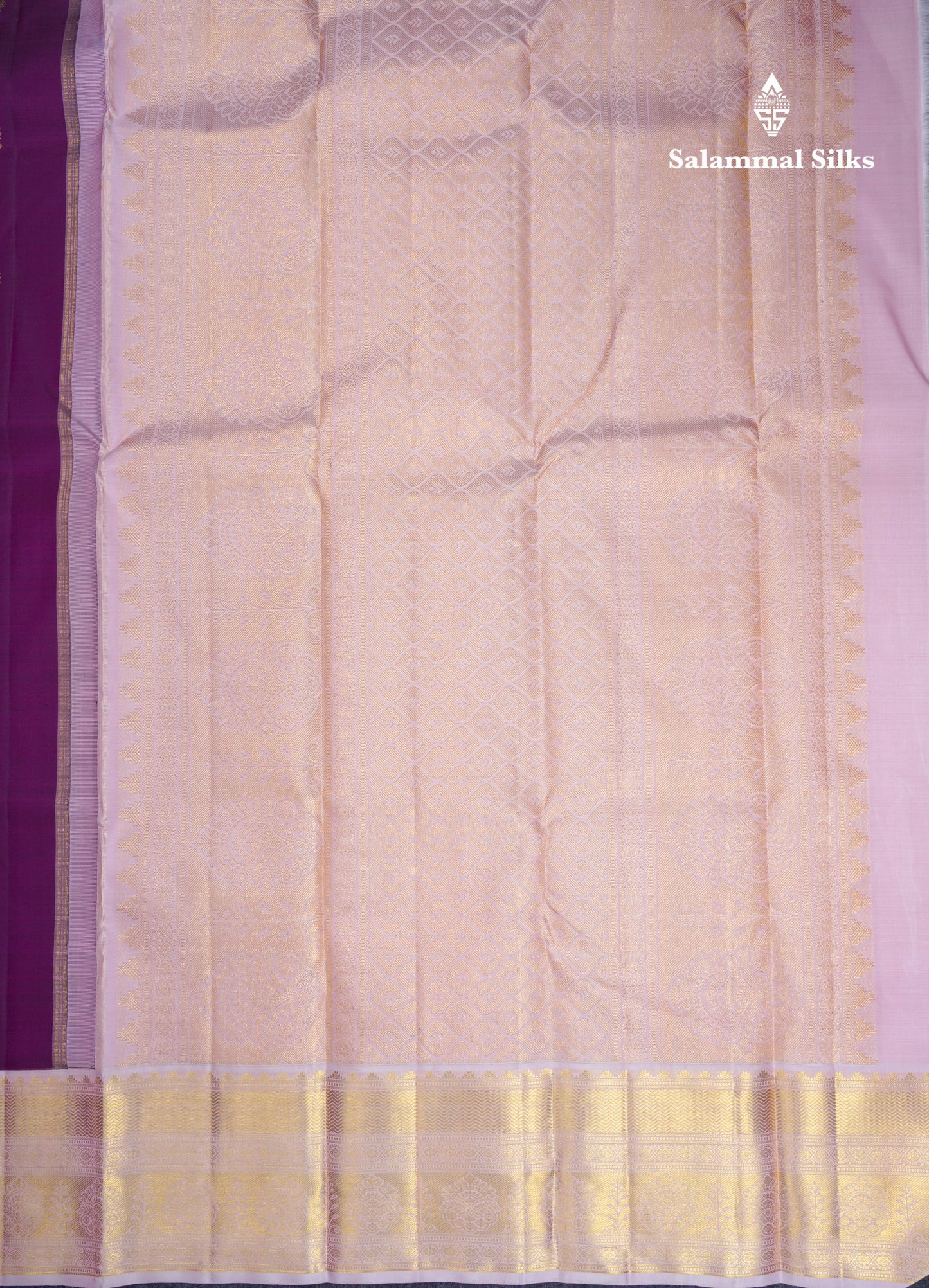 Korvai Dark Purple Pure Kanjivaram Silk Saree With Contrast Baby Pink Traditional Border