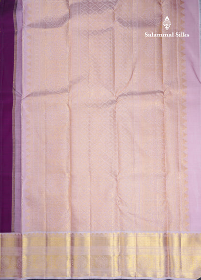 Korvai Dark Purple Pure Kanjivaram Silk Saree With Contrast Baby Pink Traditional Border