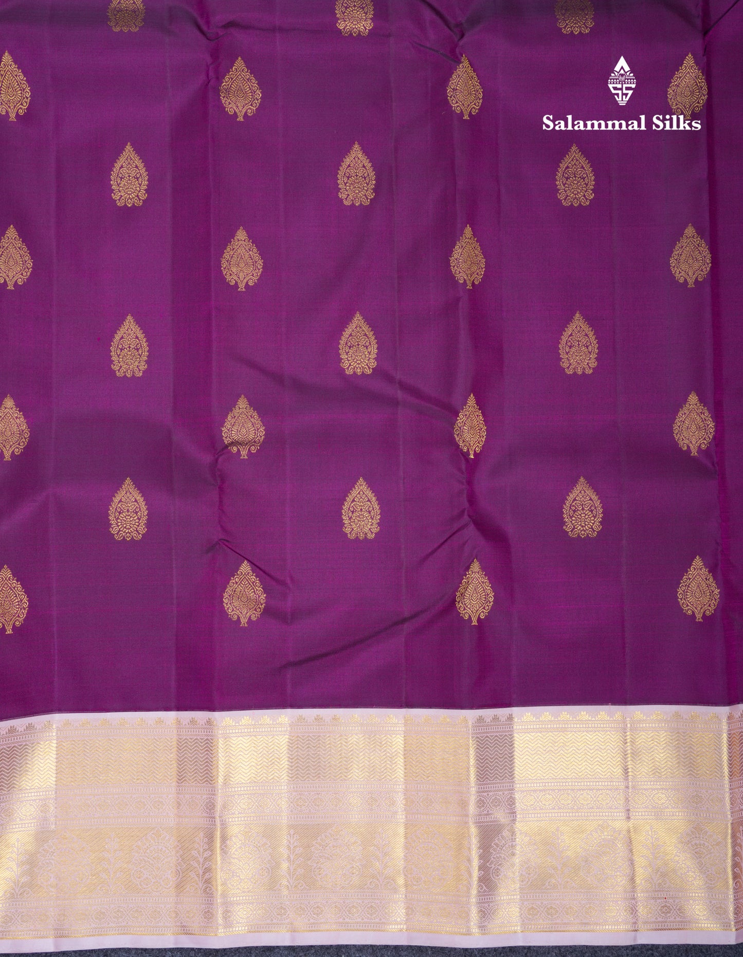 Korvai Dark Purple Pure Kanjivaram Silk Saree With Contrast Baby Pink Traditional Border