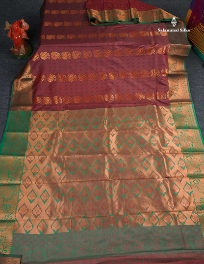 Semi Silk Saree - Dark Maroon Colour Body With Contrast Dual Tone Green Blouse
