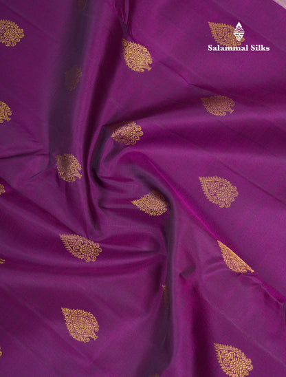 Korvai Dark Purple Pure Kanjivaram Silk Saree With Contrast Baby Pink Traditional Border