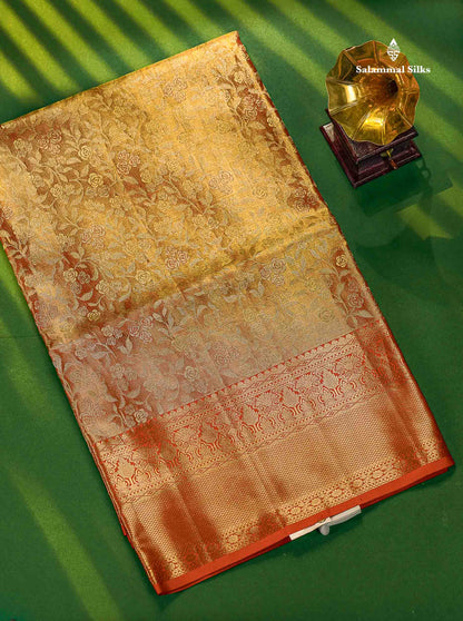 Light Orange Tissue Bridal Pure Kanjivaram Silk Saree With Contrast Chilly Red Border