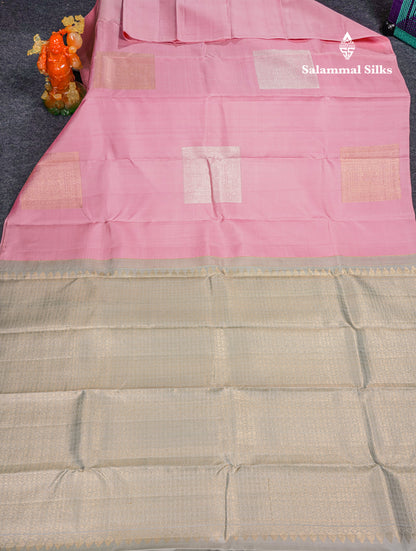 Baby Pink Fancy Pure Kanjivaram Silk Saree With Contrast Blueish Grey Blouse